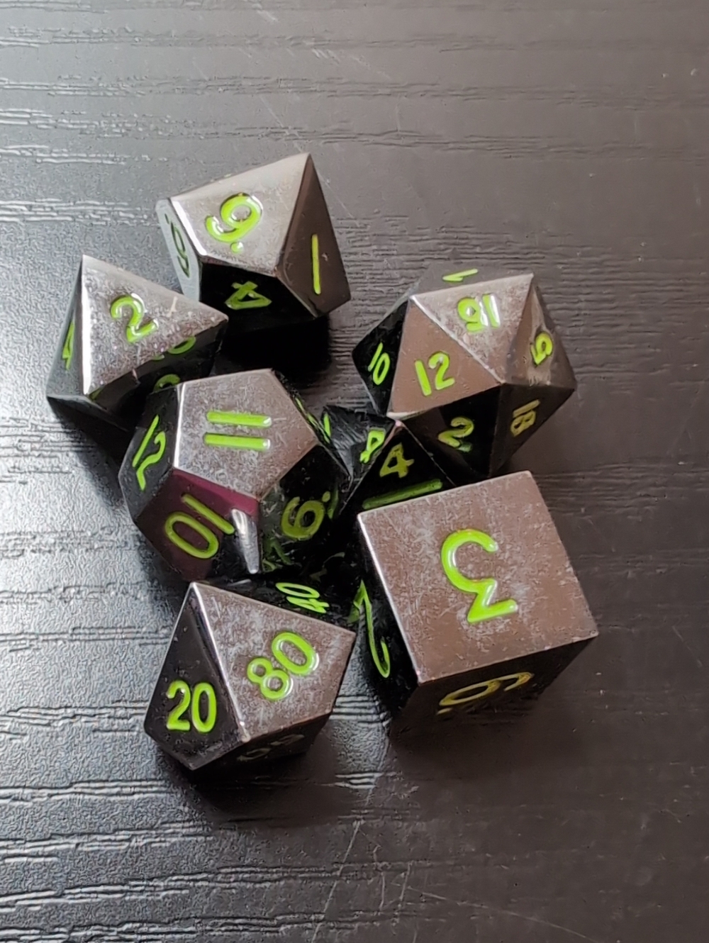 Dark Moon Dice Metal Shiny Grey With Green Dice Set Of 7 Heavy